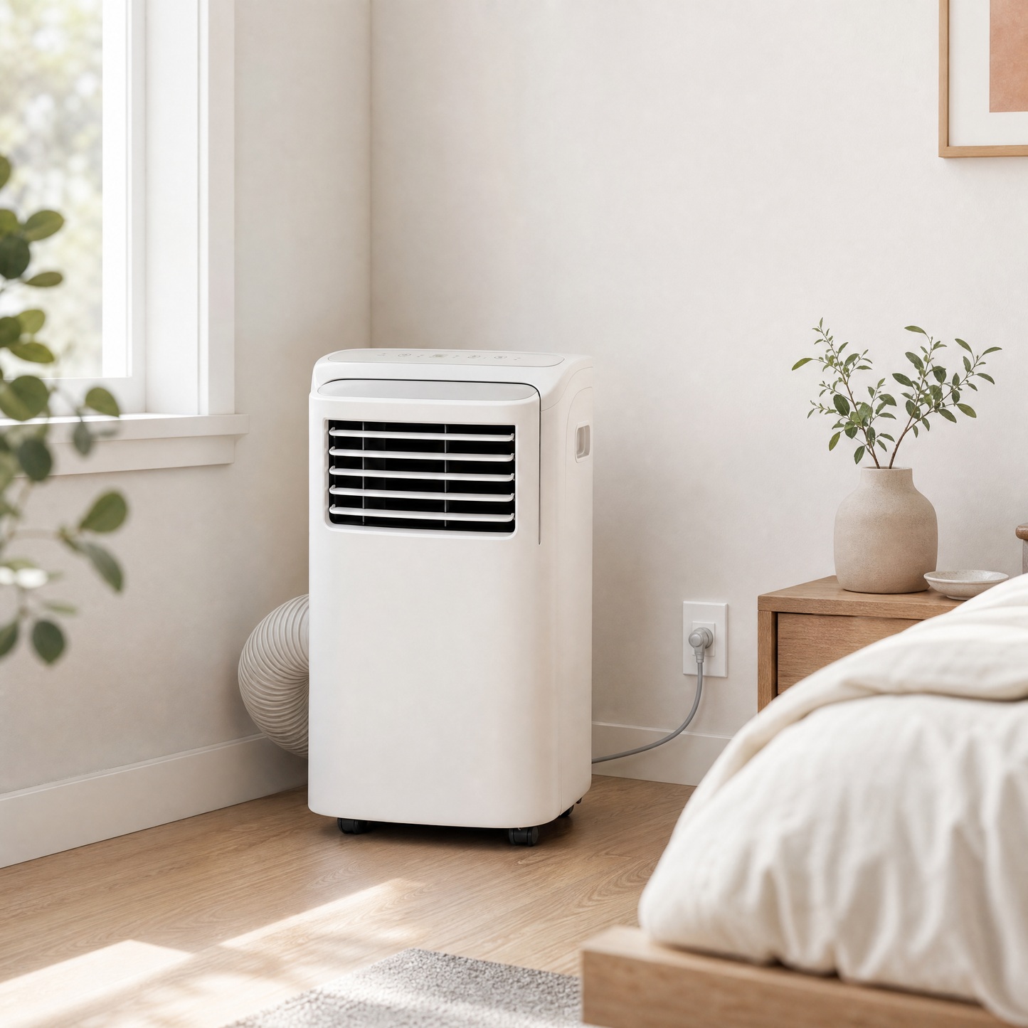Portable AC unit air conditioner in a bright bedroom