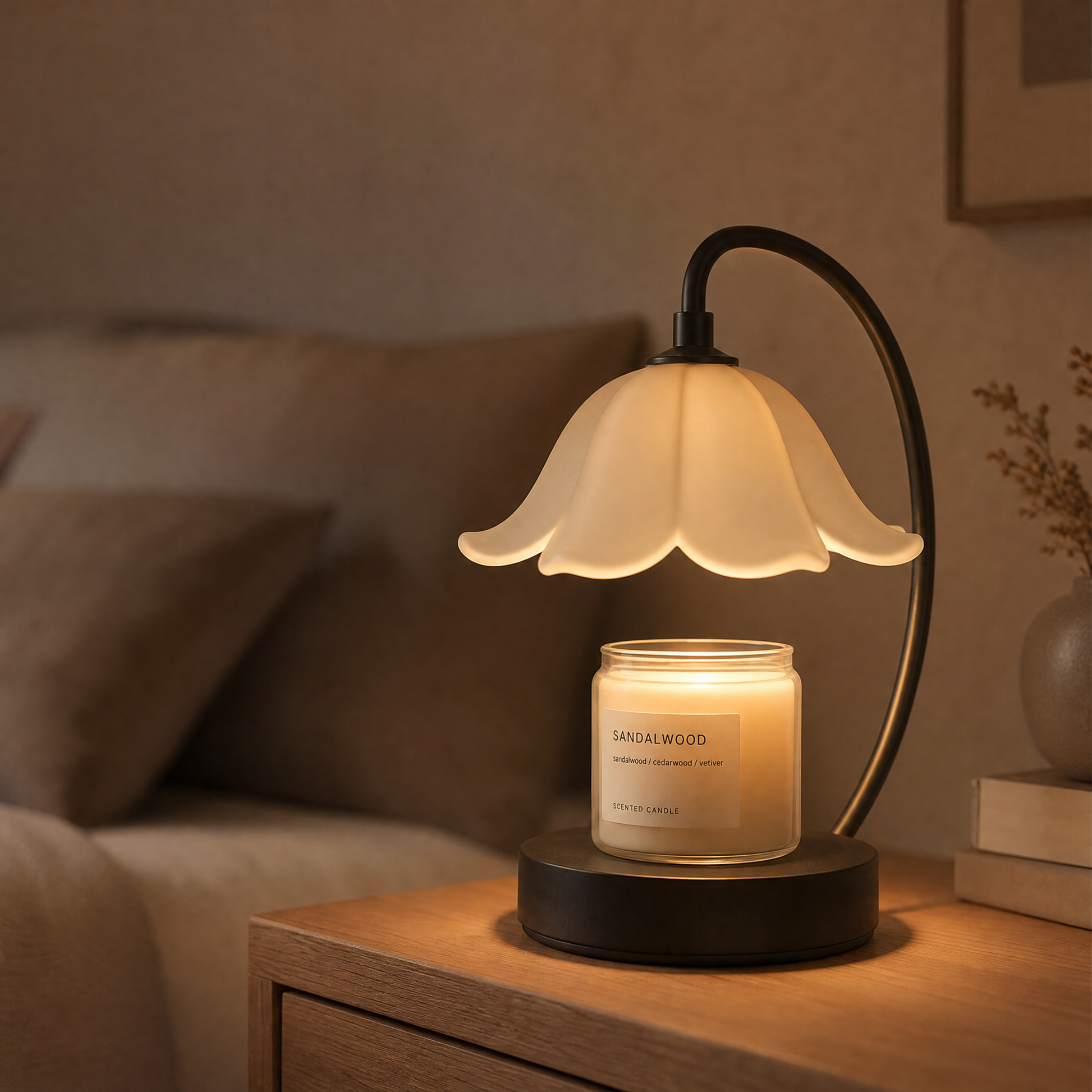 Flower-shaped candle warmer lamp glowing on a nightstand