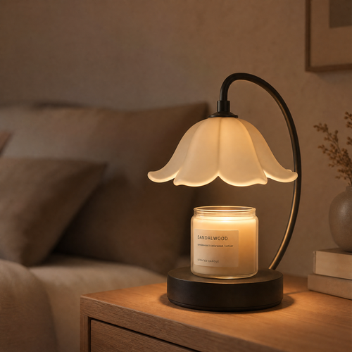 Flower-shaped candle warmer lamp glowing on a nightstand