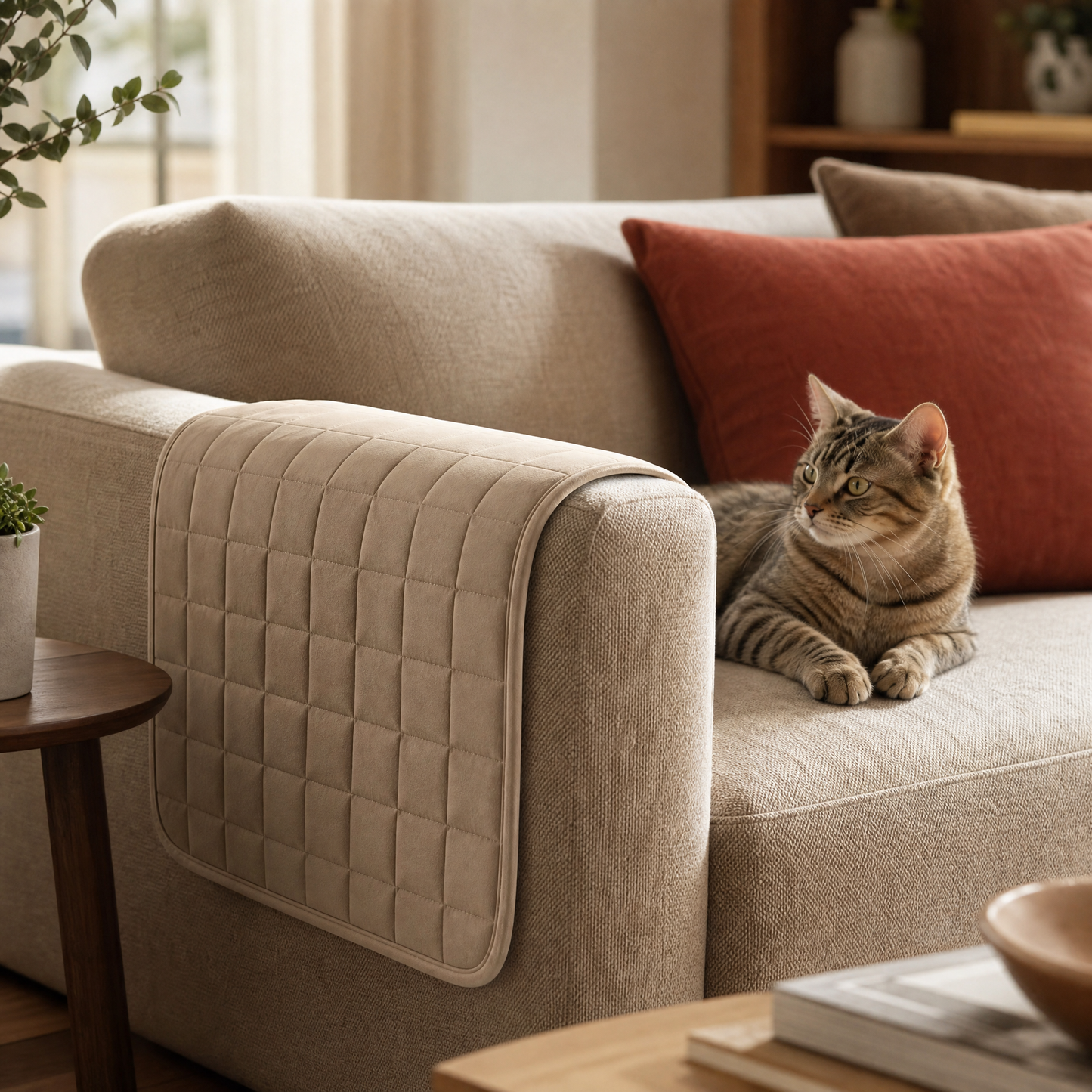 Cat scratch couch guard protector on a couch armrest with a cat nearby