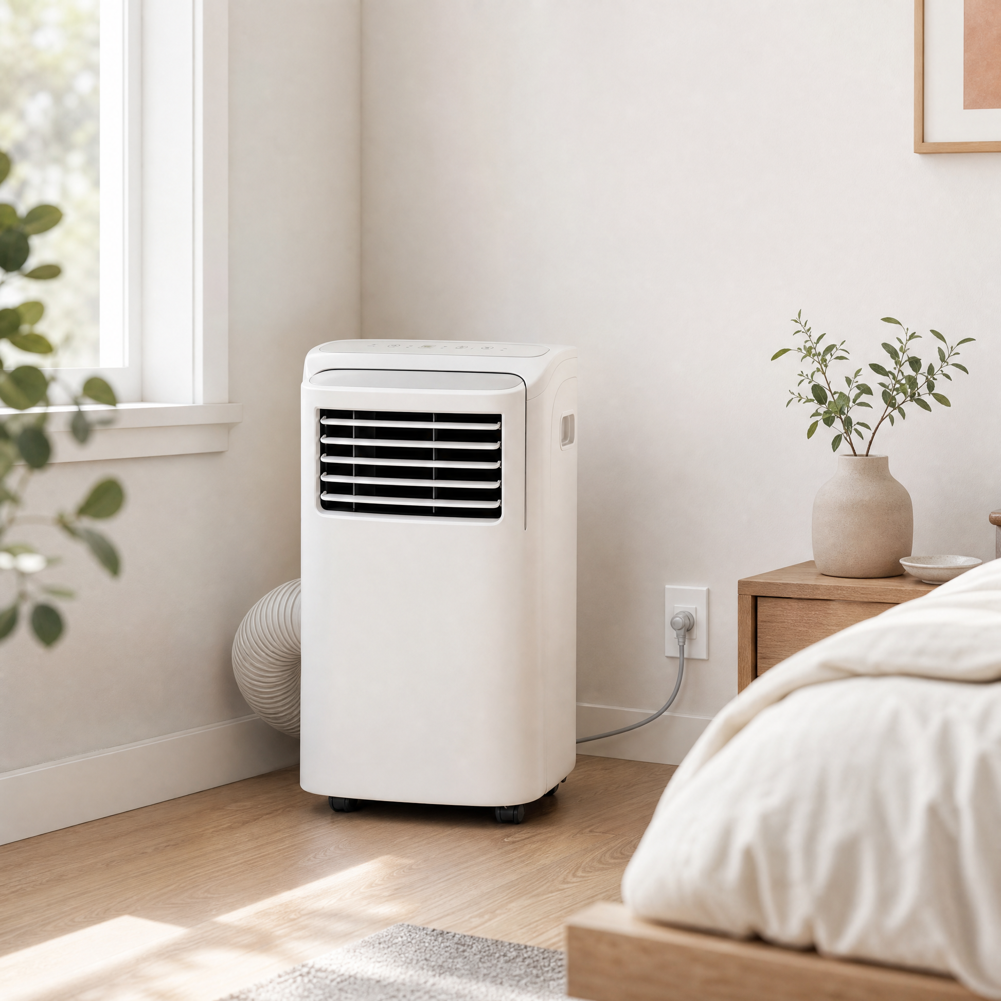 Portable AC unit air conditioner in a bright bedroom