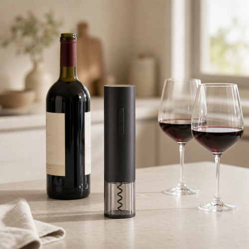 Rechargeable electric wine bottle opener on a kitchen counter