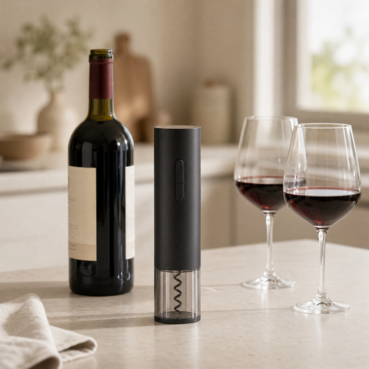 Rechargeable electric wine bottle opener on a kitchen counter