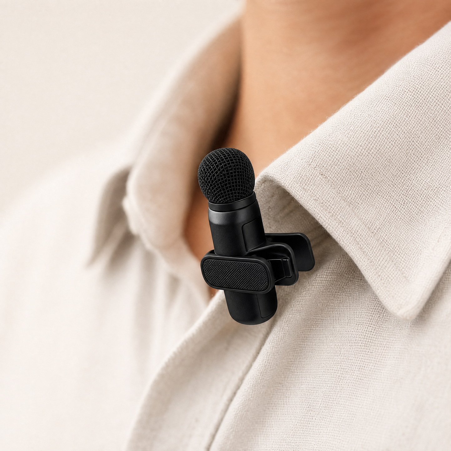 Wireless Bluetooth lavalier lapel microphone clipped on a shirt collar